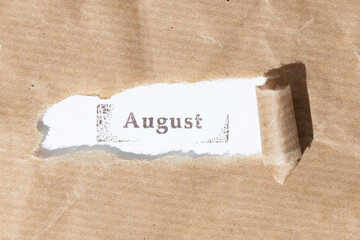 Brown paper torn stripe with ink stamp text August on white paper background
