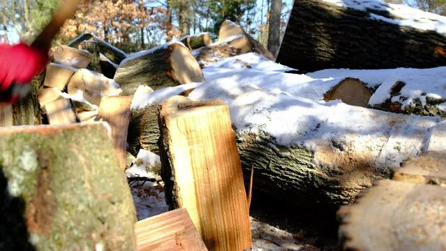 Slow motion while using Russian ax to split or cut piece ow oak wood into firewood to be used as fuel in cast iron stove to heat house through winter.