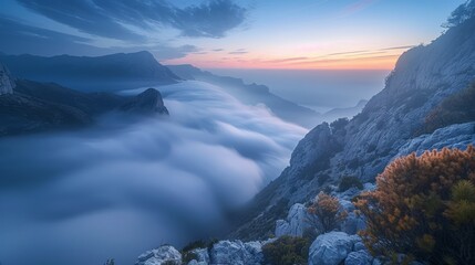 Breathtaking Mountain View with Flowing Fog at Sunset - Majestic Peaks and Colorful Sky