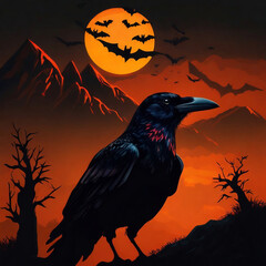 Fototapeta premium Silhouette of a crow at sunset against the mountain and flying bats. scary halloween wallpaper