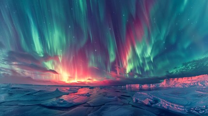 Breathtaking Aurora Borealis Display Over Icy Landscape at Twilight with Vivid Colors and Dramatic Sky