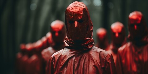 Cult members in red garments and redpainted faces led by their dark leader in landscape orientation digitally created. Concept Cult Members, Red Garments, Dark Leader, Digital Art - obrazy, fototapety, plakaty