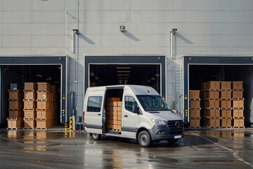 Delivery van loading at a warehouse docking station. Generative AI image