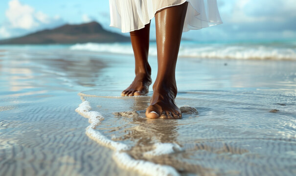 Close Up of Slim Woman's Legs Walking Barefoot on Beach. Woman in White Dress on Summer Vacation Relaxation.