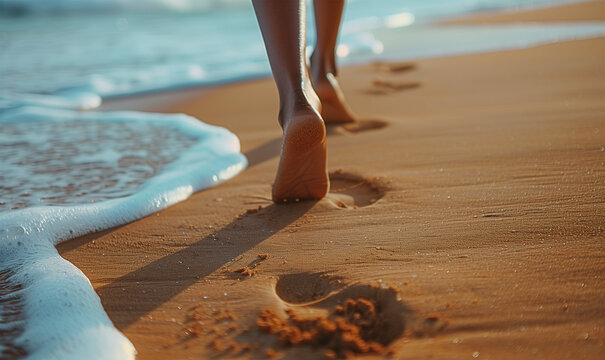 Close Up of Slim Black Woman's Legs Walking Barefoot Along the Beach. Woman in White Dress on Summer Stroll by the Sea.	