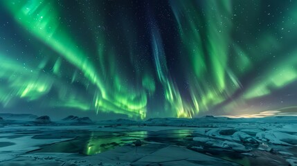 Majestic Aurora Borealis Display Over Snow-Covered Landscape Under Starry Sky