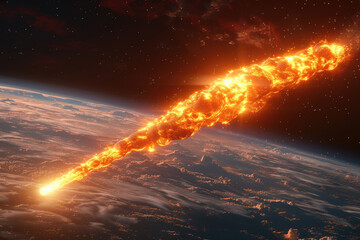 Fiery meteor entering Earth's atmosphere. Generative AI image