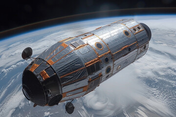 Satellite orbiting Earth with a view of the atmosphere. Generative AI image