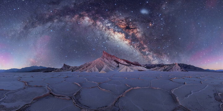 Majestic night sky over a cracked desert landscape. Generative AI image