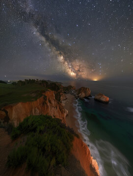 Majestic Milky Way over a serene coastal landscape. Generative AI image