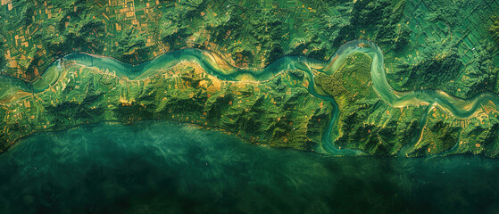 Banner of aerial satellite view of cultivated agricultural farming land fields with vivid green color as a typical Asia or countryside farmland village town with canal river  - obrazy, fototapety, plakaty