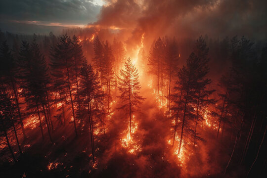 Intense Wildfire Consuming a Forest at Dusk. Generative AI image