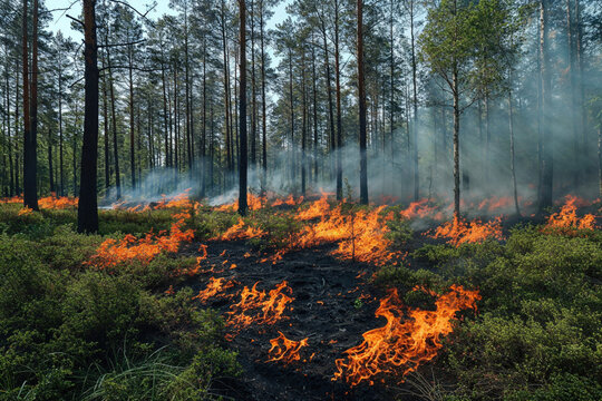 Intense wildfire burning through a dense forest. Generative AI image