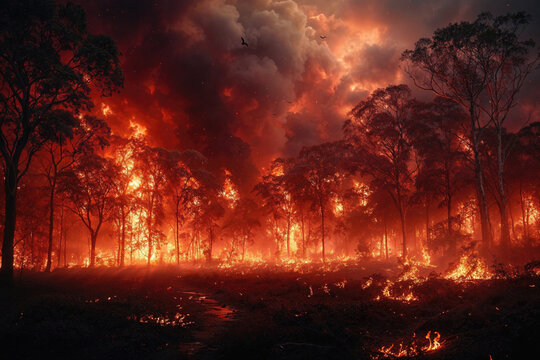 Fiery inferno engulfs a forest during a massive wildfire. Generative AI image