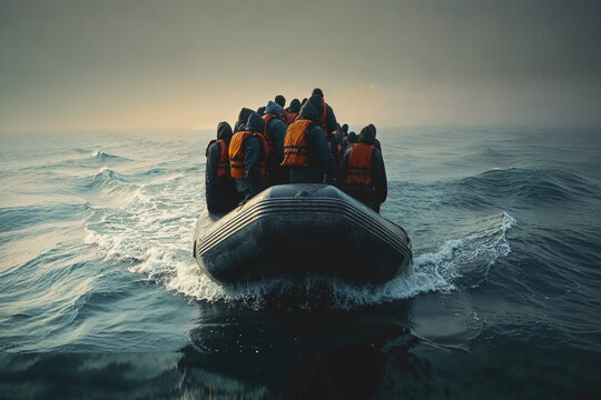 An evocative generative AI image portraying a group of migrants crossing misty waters in a small boat, facing the unknown. Generative AI