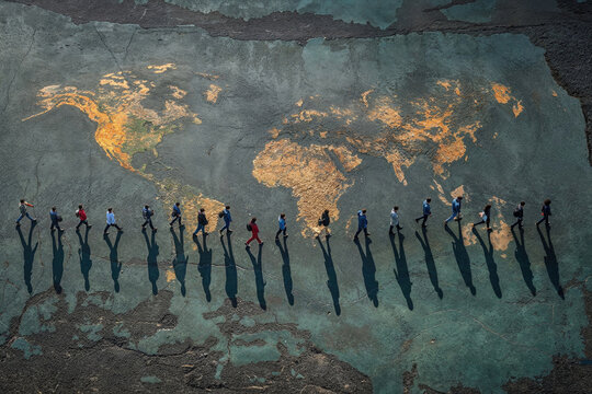 Top view of group of people casting long shadows over a map of the world, symbolizing unity and diversity Generative AI