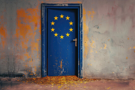 An aged blue door adorned with yellow stars symbolizes EU membership. Generative AI