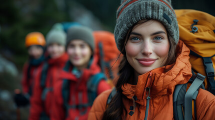 Smiling female hiker with friends on trail. Generative AI image