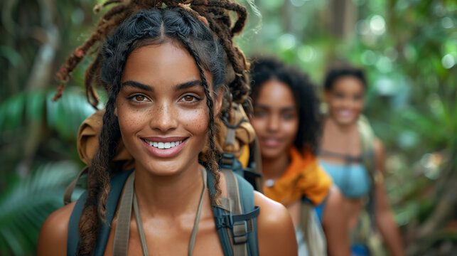 Group of happy hikers exploring tropical forest. Generative AI image