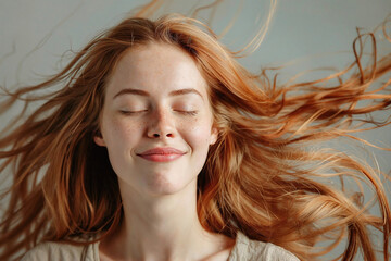 Serene redhead woman with flowing hair and closed eyes. Generative AI image