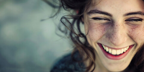 Joyful young woman with a heartfelt smile. Generative AI image