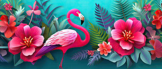 Fototapeta premium Flamingos amidst tropical flora on a blue background