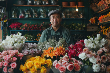 Portrait of a seasoned florist among a vibrant collection of flowers, crafted with the artistry of generative AI