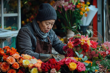 Focused senior artisan florist meticulously creating a vibrant floral arrangement, a moment captured by generative AI
