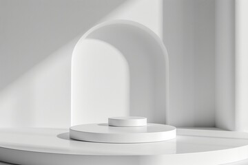minimal white podium display for cosmetic product presentation, pedestal or platform background