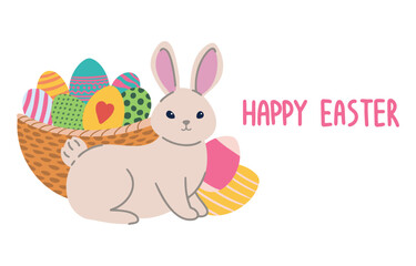 Happy Easter card, cute card with a bunny and a basket of painted eggs. holiday gift card