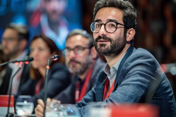 Obraz premium A man with glasses is sitting at a table with other people