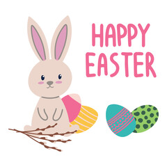 Happy Easter card, cute card with a bunny and a basket of painted eggs. holiday gift card