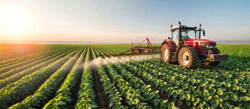 Tractor spraying crops at sunset on a vast farm field. Generative AI image