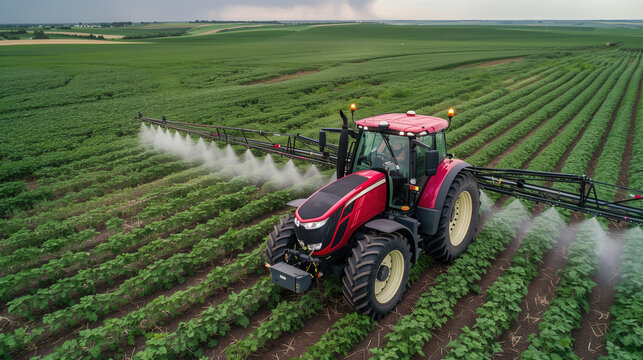Modern tractor spraying crops in vast farm field. Generative AI image