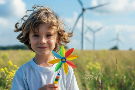 Smiling child with pinwheel in front of wind turbines. Generative AI image