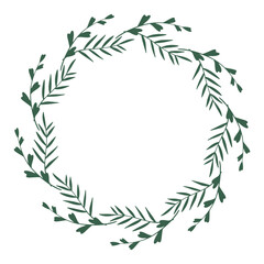 Laurel or wreath made of wild flowers, twigs and herbs. Round floral frame great to place any text, quote or logo. Rustic design great for summer or spring event. Vector illustration isolated.