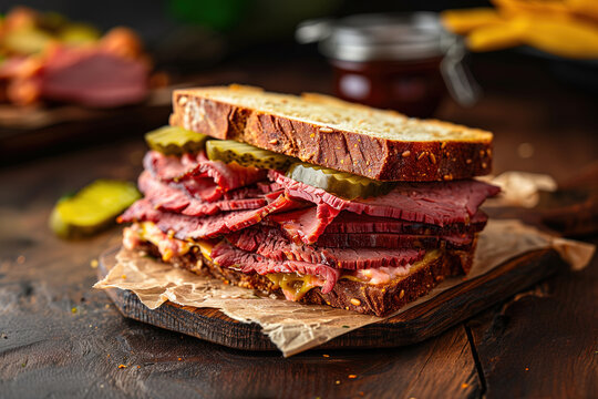 Hearty pastrami sandwich on rustic wooden board. Generative AI image