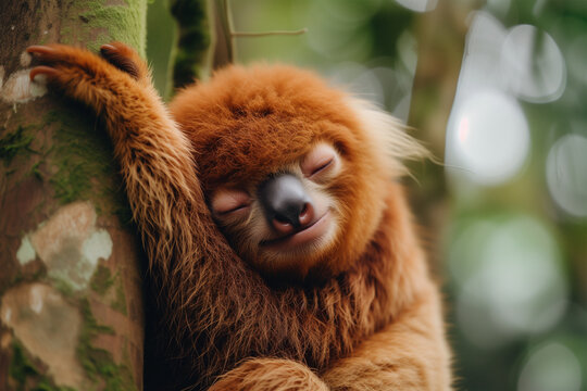 Sleepy sloth clinging to a tree branch. Generative AI image