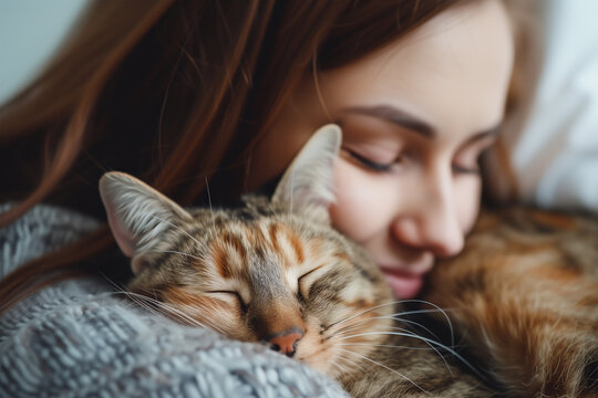 Woman affectionately cuddling with her sleeping cat. Generative AI image