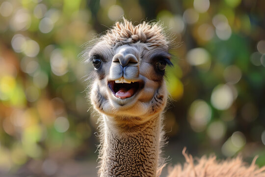 Smiling alpaca portrait with blurred background. Generative AI image