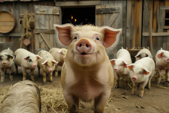 Smiling pig with a herd in a rustic barnyard. Generative AI image