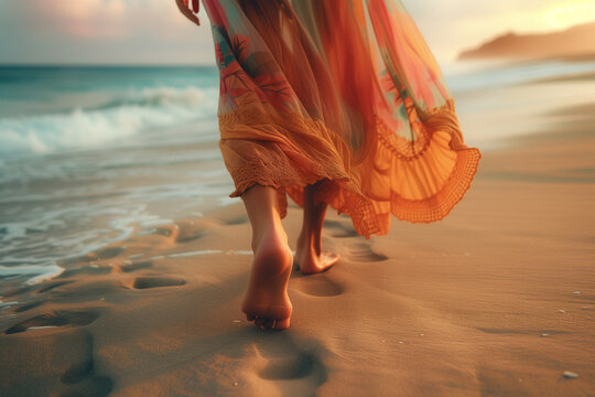 Serene beach walk at sunset in flowing dress. Generative AI image