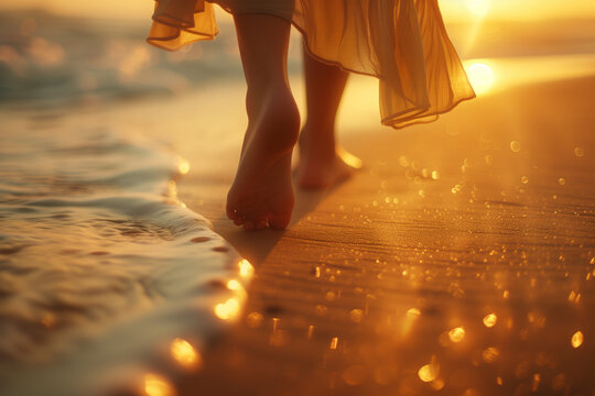 Serene beach walk at sunset with golden light. Generative AI image