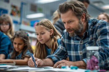 A man is writing on a piece of paper while three young girls look on