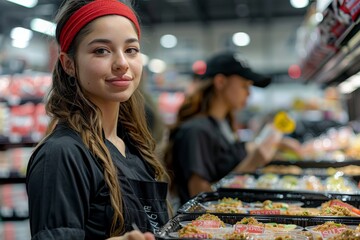 Naklejka premium A woman in a red headband stands behind a counter with food