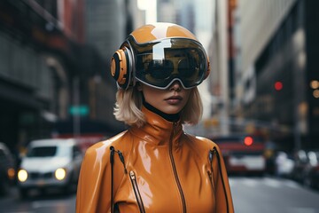 a woman wearing a helmet and goggles - obrazy, fototapety, plakaty