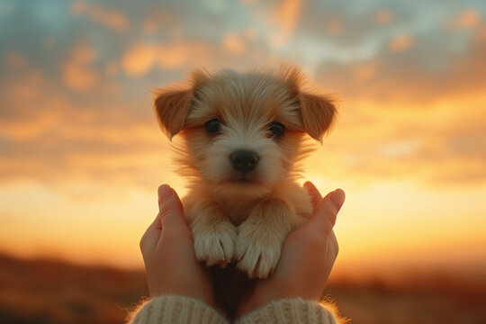 Adorable puppy held in hands at sunset. Generative AI image