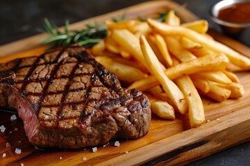 Sliced steak and french fries on a wooden cutting board