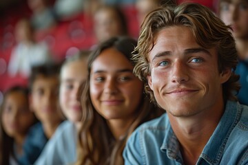 A group of people are sitting in a row, with a man in the middle smiling