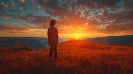 A farmer stands in an agricultural field against the backdrop of solar panels. Solar farm at sunset.